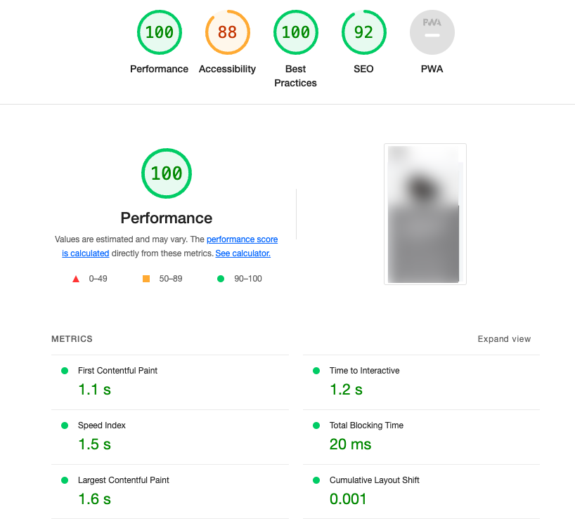 Screenshot showing the speeds and assessment of website using Google Lighthouse on mobile device - performance score is 100%