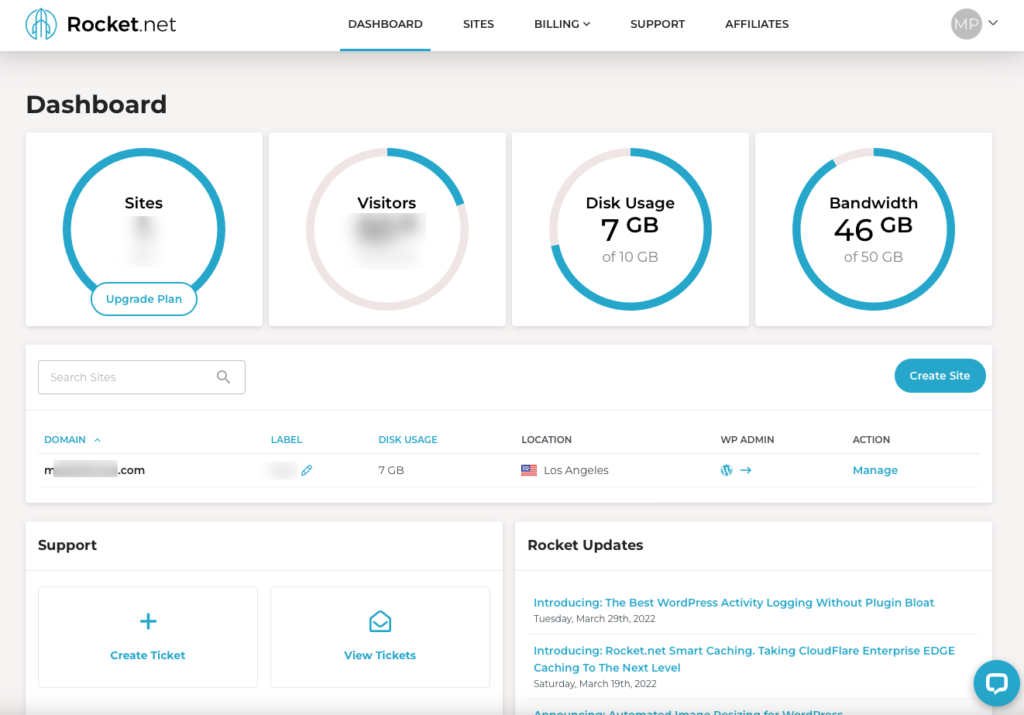 view of the rocket.net dashboard with sites, visitors, disk usage and bandwidth used showing.